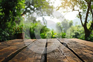 The picture of the wood table in the middle of the forest in a daytime. AIGX03.