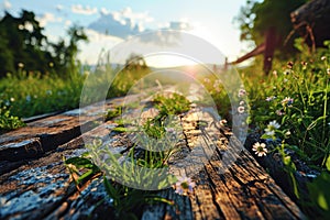 The picture of the wood table in the middle of the forest in a daytime. AIGX03.