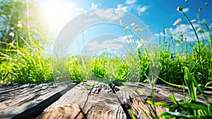 The picture of the wood table in the middle of the forest in a daytime. AIGX03.