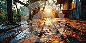 The picture of the wood table in the middle of the forest in a daytime. AIGX03.