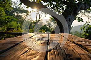 The picture of the wood table in the middle of the forest in a daytime. AIGX03.