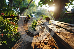 The picture of the wood table in the middle of the forest in a daytime. AIGX03.