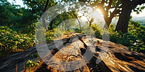 The picture of the wood table in the middle of the forest in a daytime. AIGX03.