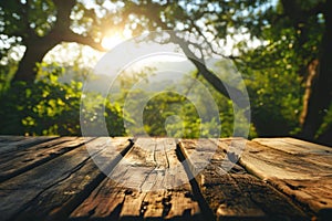 The picture of the wood table in the middle of the forest in a daytime. AIGX03.