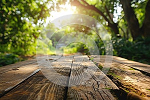 The picture of the wood table in the middle of the forest in a daytime. AIGX03.