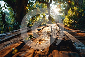 The picture of the wood table in the middle of the forest in a daytime. AIGX03.