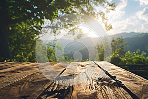 The picture of the wood table in the middle of the forest in a daytime. AIGX03.