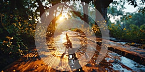 The picture of the wood table in the middle of the forest in a daytime. AIGX03.