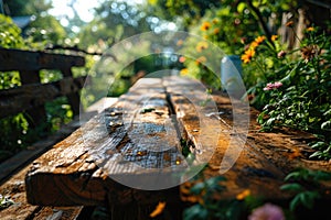 The picture of the wood table in the middle of the forest in a daytime. AIGX03.