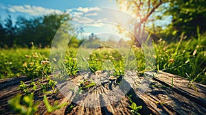 The picture of the wood table in the middle of the forest in a daytime. AIGX03.