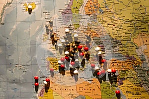 Picture of World Map Travel concept with many pushpins pins Europe and surrounding countrys