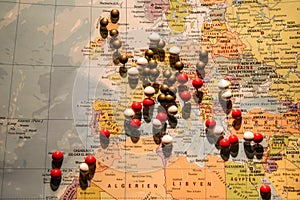 Picture of World Map Travel concept with many pushpins pins Europe and surrounding countrys