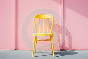 A picture of a yellow chair placed against a vibrant pink wall. This image can be used to add a pop of color