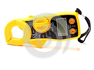 Picture of yellow digital clamp meter that using for measuring electrical current, voltage and resistance