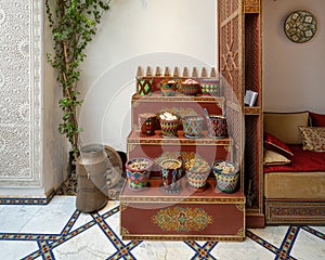 Artistic display of spices in small baskets inside La Maison Arabe in Marrakesh, Morroco.