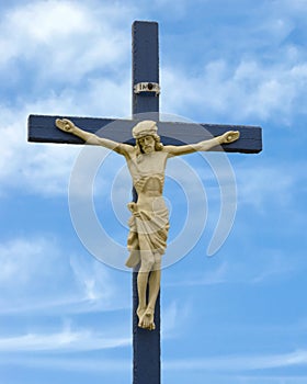 Blue cross with the crucified Jesus and the notice INRI in Dallas, Texas