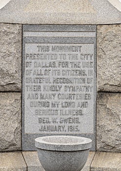 Dedication on statue at Turner Park in Oak Cliff donated in 1915 by Reverend George W. Owens. photo