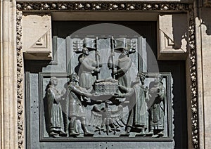 Closeup view of the Great West Door, St. Vitus`s Cathedral, Prague Castle, Czech Republic