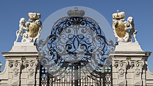 Closeup view elaborate wrought iron gate at entrance to the Upper Belvedere Palace, Vienna, Austria