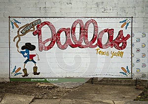 `Dallas Postcard`, a mural by Katie Mayborn Fuerst and Margaret Tipton on the wall of a business in Oak Cliff, Dallas, Texas.