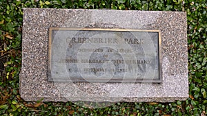 Dedication plaque for Greenbrier Park, University Park, Dallas, Texas. photo