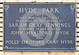 Dedication plaque for Hyde Park, Fort Worth`s First Park in 1873.