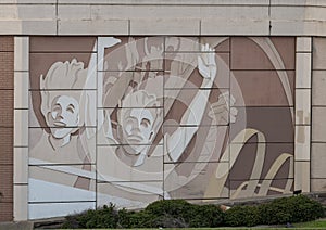 Distinctive wall mural featuring a roller coaster along Interstate 30 in Arlington, Texas.