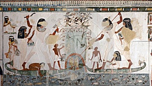 Portion of the north wall of a fresco decorated passageway leading to shrine with remains statues Menna and Henut-Tawy in TT69. photo