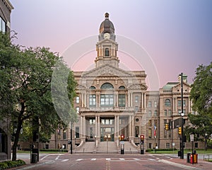 Front view of the historic 1895 Tarrant County Courthouse in downtown Forth Worth, Texas.