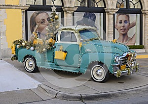 1953 GMC pickup truck with rare hydramatic transmission fully decorated for Christmas on display in Dallas, Texas