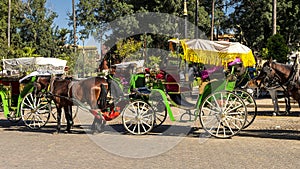 Carriage ride line Jemaa el-Fnaa square and market place in Marrakesh`s medina quarter in Morocco. photo