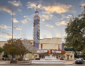 The iconic neon tower of the historic Lakewood Theater of Dallas, Texas.