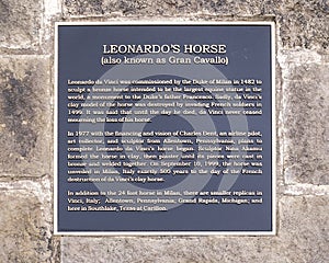 Information plaque for the replica of Leonardo da Vinci`s horse that never was in Southlake, Texas.