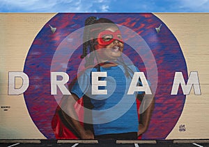 Inspiring mural titled `Dream` by artist Jeremy Biggers in Deep Ellum in East Dallas, Texas.