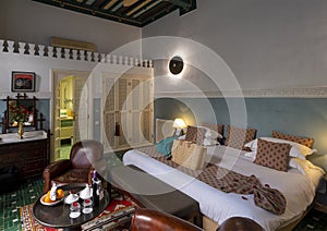 Interior of a guest room at Les Jardins de La Medina in Marrakesh, Morocco.