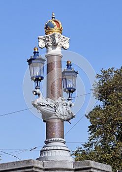 Lantern Pole on Historic bridge, The Blauwbrug, Amsterdam, Netherlands