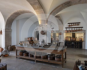Main kitchen in service of the Pena Palace in Sintra, Portugal.