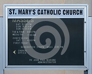 Mass and confessions schedule Saint Mary`s Catholic Church in Marfa, Texas.