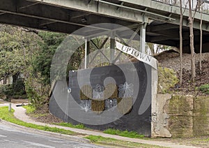 A mural by Alli Koch at the underpass where the historic Katy Trail passes over Hall Street in Uptown, Dallas, Texas.