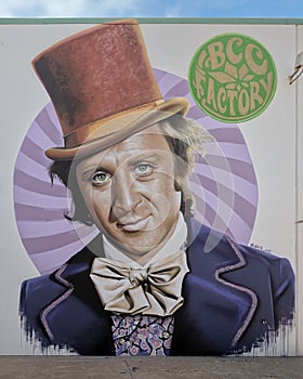 Willy Wonka mural by Jeks on the outside of the BBC Collective, a cannibis company in Oklahoma City, Oklahoma.