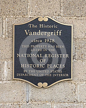 National Register of Historic Places marker on the historic Vandergriff Office Building in Arlington, Texas.