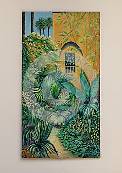 Painting of the grounds at Les Jardins de La Medina in Marrakesh, Morocco.