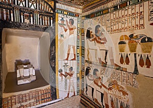 Portion of shine and fresco decorated passageway leading to the shrine with remains statues Menna and Henut-Tawy in TT69. photo