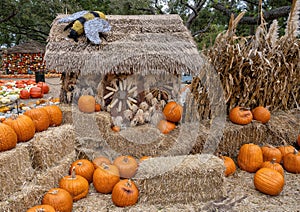 Photography spot with hay bales, pumpkins, and a straw house in the pumpkin patch at the Dallas Arboretum in Texas.