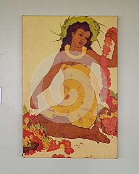 `Lei Maker`, a print by John Melville Kelly in 1944, on display in the Volcano House in Hawaii Volcanoes National Park.