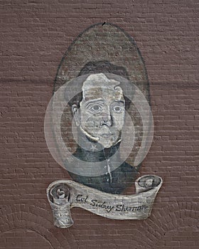 Public art mural displaying the town`s namesake, Colonel Sidney Sherman.