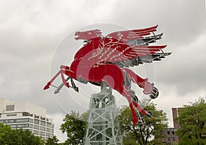 The original red Pegasus horse, restored and placed on a rotating oil derrick, Dallas, Texas