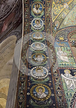 Seven Apostles on the triumphal arch mosaics of Jesus Christ and the Apostles in the Basilica of San Vitale in Ravenna, Italy.