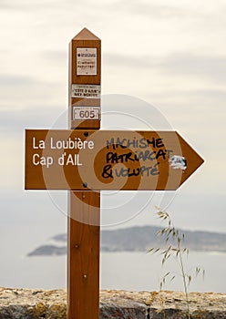 Sign at start of a trail from La Loubiere Cap d`Ail to Tete de Chien photo