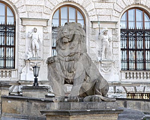 Stone sculpture Lion with Shield, Neue Burg or New Castle, Vienna, Austria